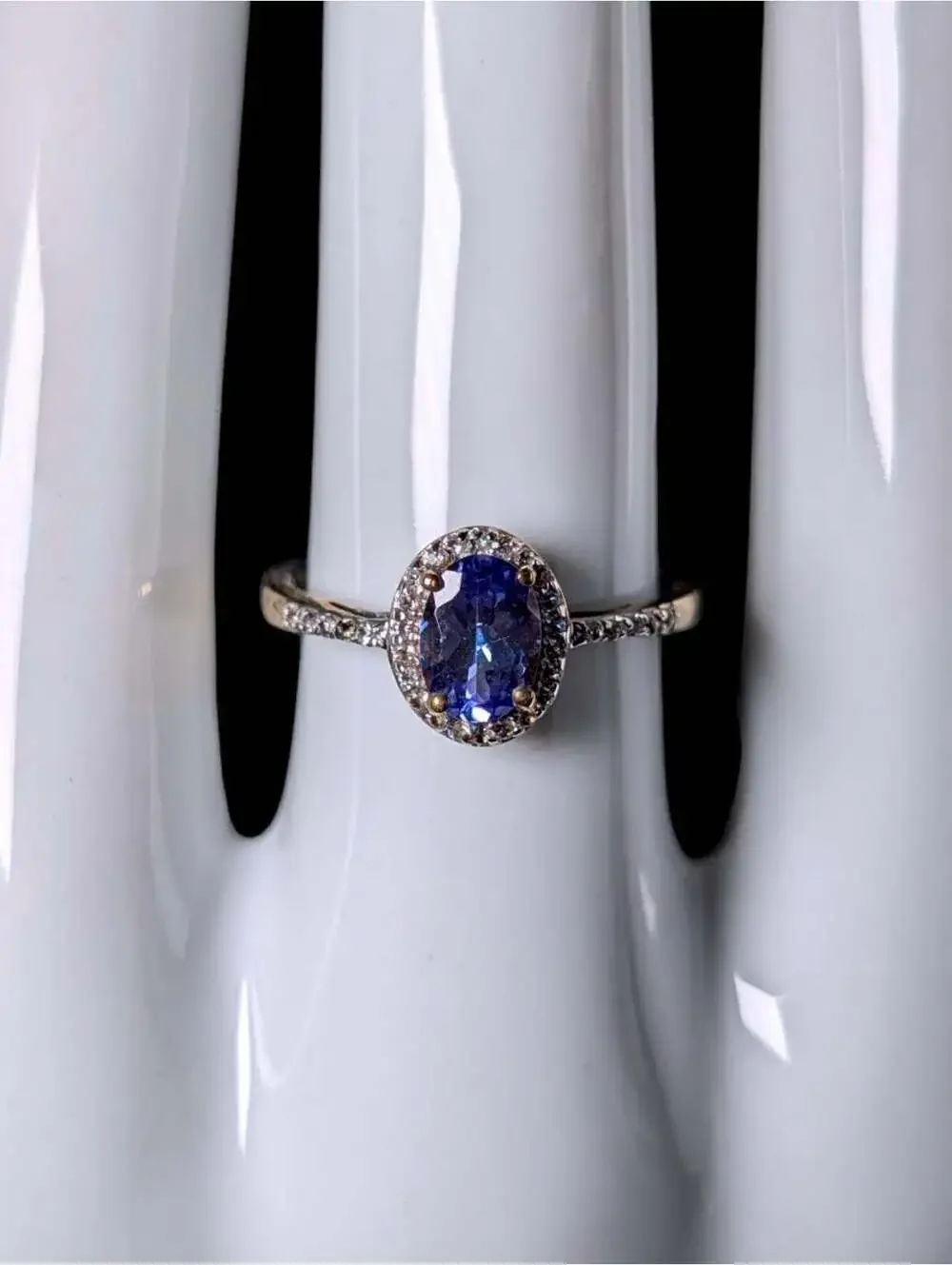 Vintage Genuine Kyanite Solitaire with White Topaz Halo Gold over Sterling Ring